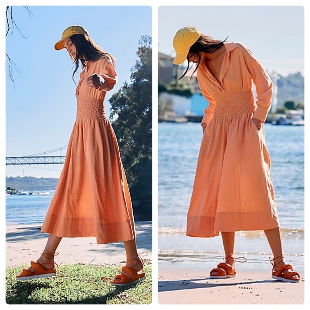 NWT Free People Monika Cotton MIDI Long Sleeve Shirt Dress in Peach XS